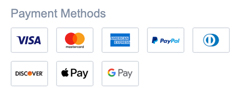 Payment Methods: multiple logos of payment methods: Visa, MC, Amex, PayPal, Discover, Apple Pay, Google Pay